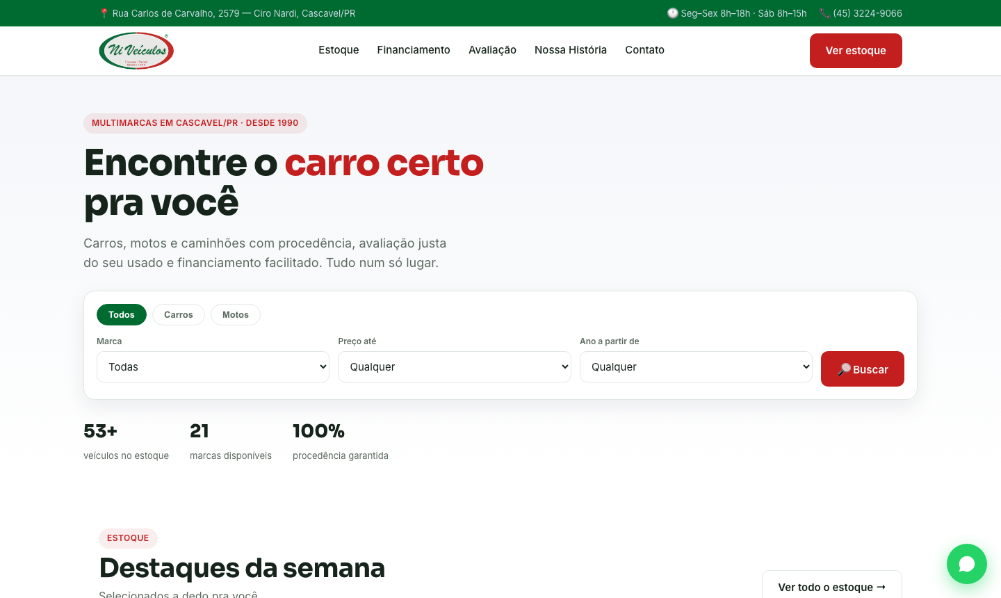 Site da NI Veículos no desktop