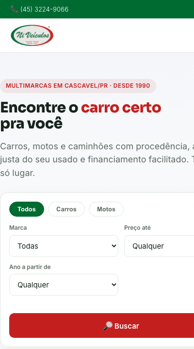 Site da NI Veículos no celular